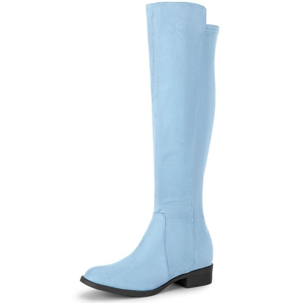 Round Toe Side Zip Chunky Heels Knee High Boots Sky Blue